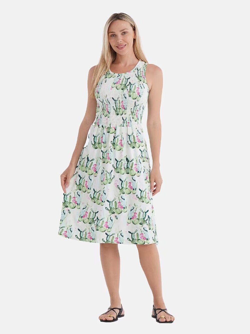 Cactus Smocked Sleeveless Double Knit Dress w/Waist Tie - One Size Fits Most NEW